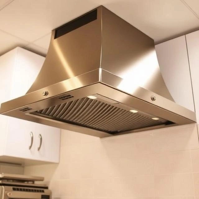 Stainless steel kitchen hood with commercial ventilation system