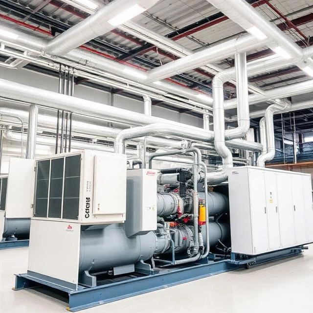 HVAC engineers performing commercial chiller maintenance in a Dubai office building to improve cooling efficiency.