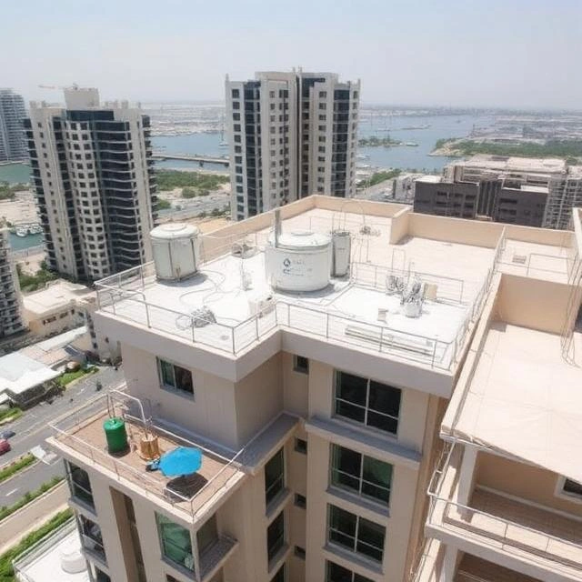Roof waterproofing membrane protecting a residential tower in Dubai Marina