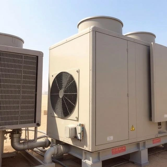 Industrial chiller maintenance on a water-cooled chiller system in a manufacturing facility in Dubai.