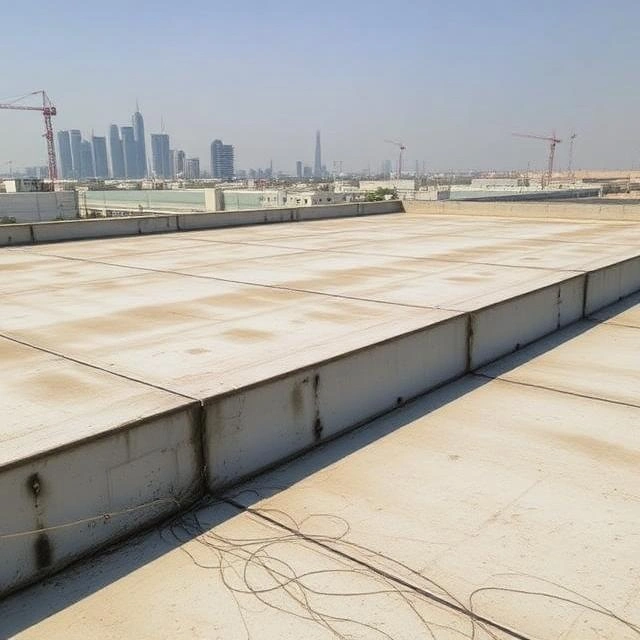 Technicians installing a waterproof membrane on a reinforced concrete roof to protect against water leakage in Dubai