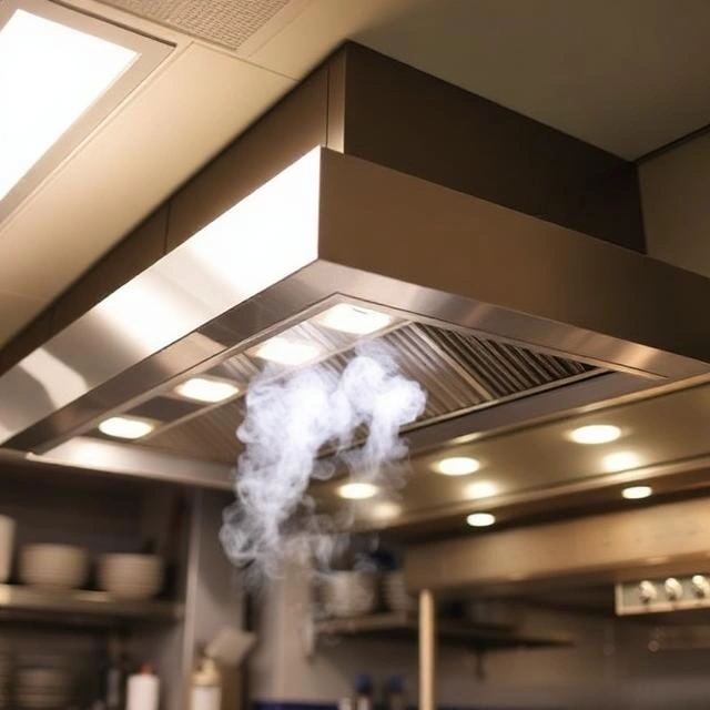 Commercial restaurant kitchen with ceiling ventilation system
