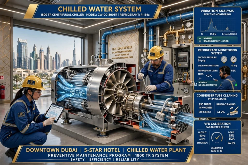 Commercial chiller plant with compressors, pumps, AHUs, and chilled water systems serving Business Bay offices.