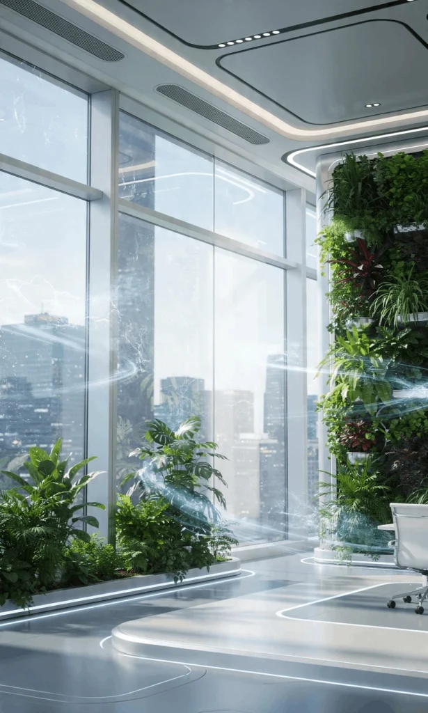 Commercial office building with advanced HVAC system maintaining healthy indoor air quality