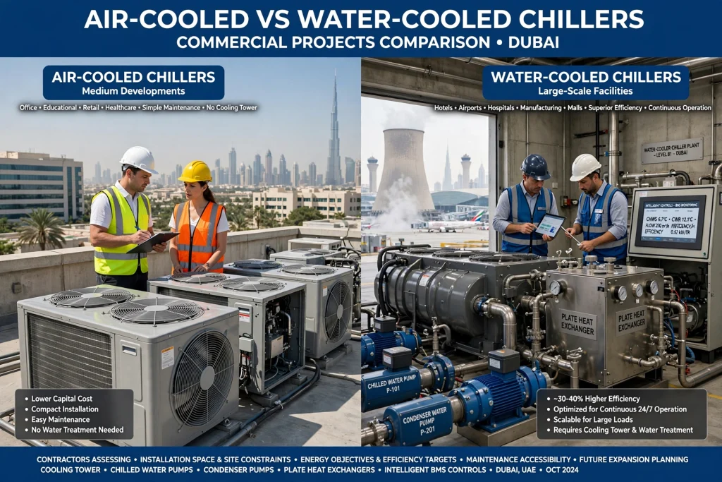 HVAC specialists installing industrial chiller equipment at a large commercial facility in UAE.