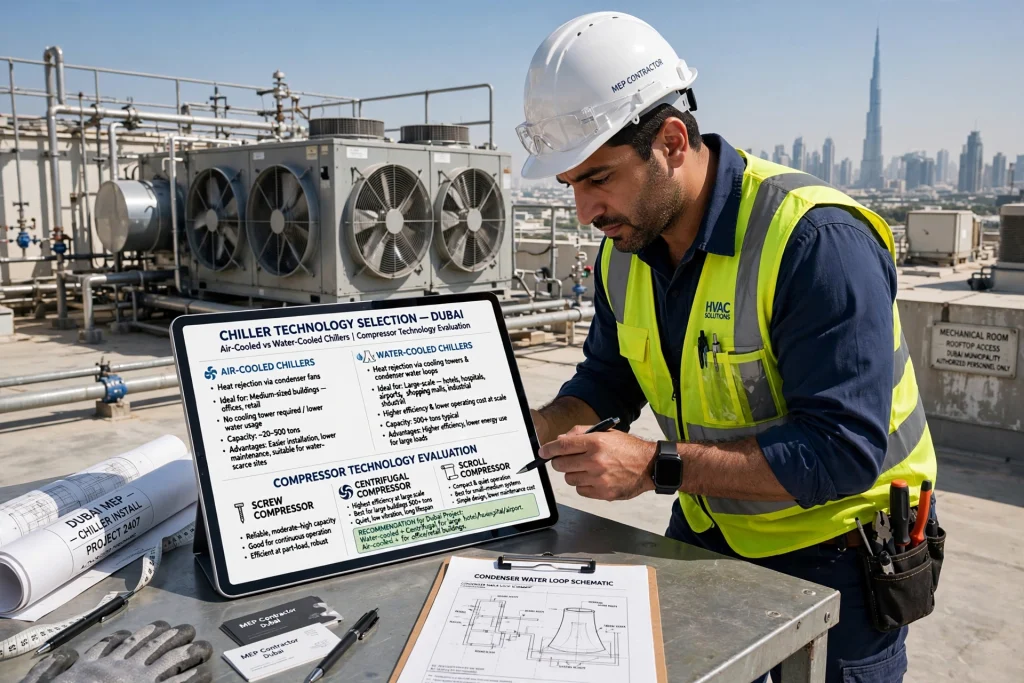 Industrial water cooled chiller system installed in commercial facility UAE