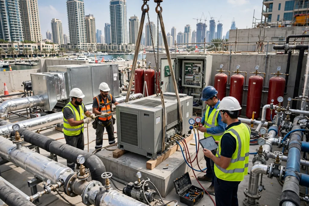HVAC technicians inspecting a water-cooled chiller during scheduled preventive maintenance