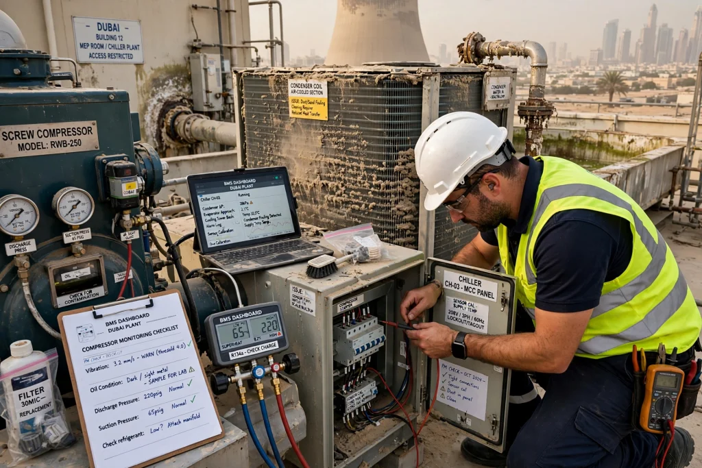 Commercial chiller maintenance engineer checking cooling system performance