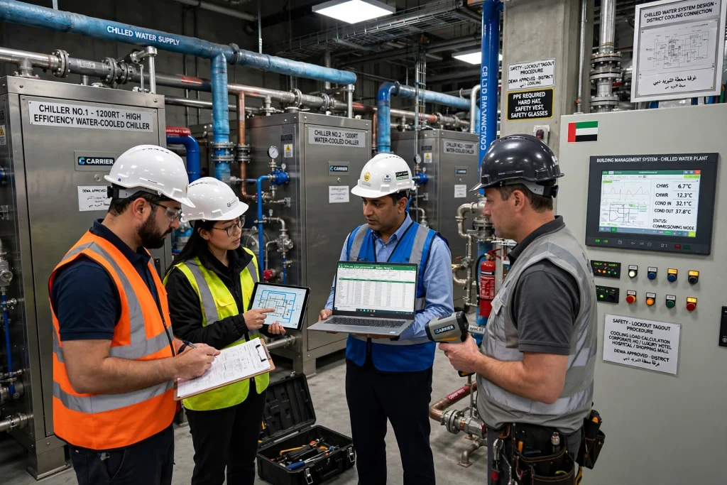 Commercial chiller installation by professional HVAC contractors in a modern office building in Dubai.