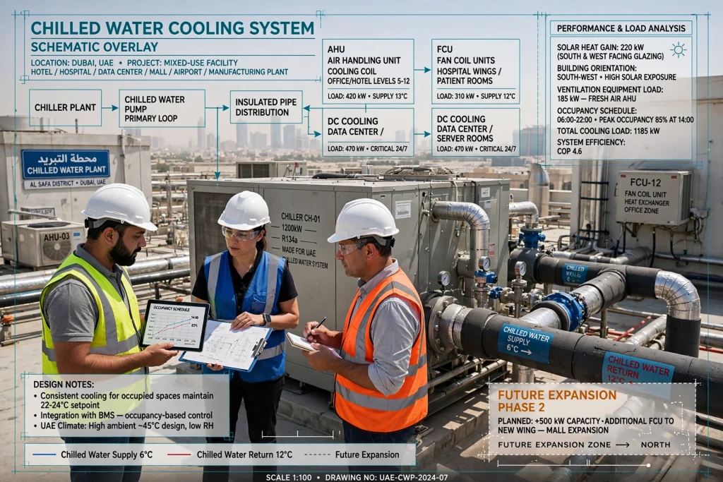 Engineers installing a centralized commercial chiller system for a high-rise building in Dubai.