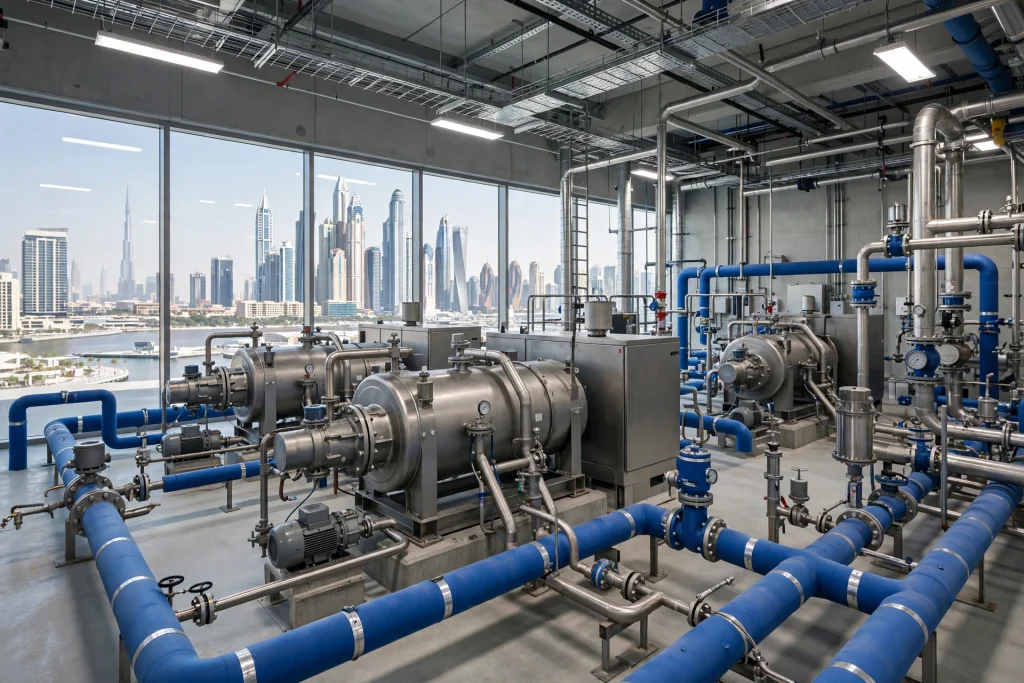 Engineers installing a commercial water-cooled chiller for a large office building in Dubai