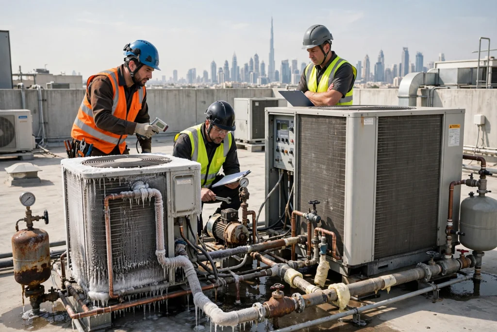 Chilled water pumps and insulated piping connected to a commercial cooling system