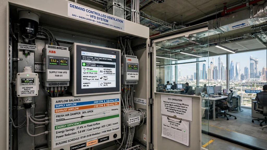 Chilled water pump controlled by Variable Frequency Drive in HVAC plant