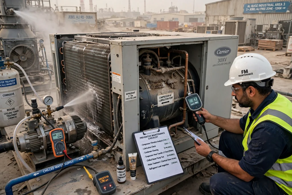 Commercial chilled water pumps, insulated piping, valves, and mechanical equipment inside a plant room.