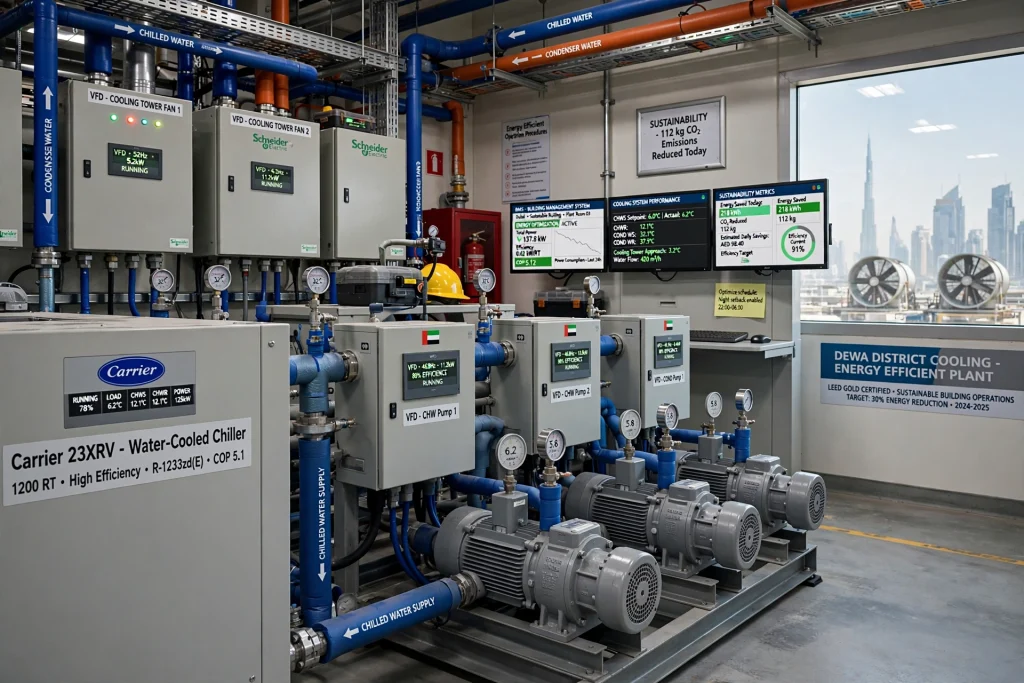 Mechanical engineer checking compressor, condenser, and evaporator of a commercial chiller