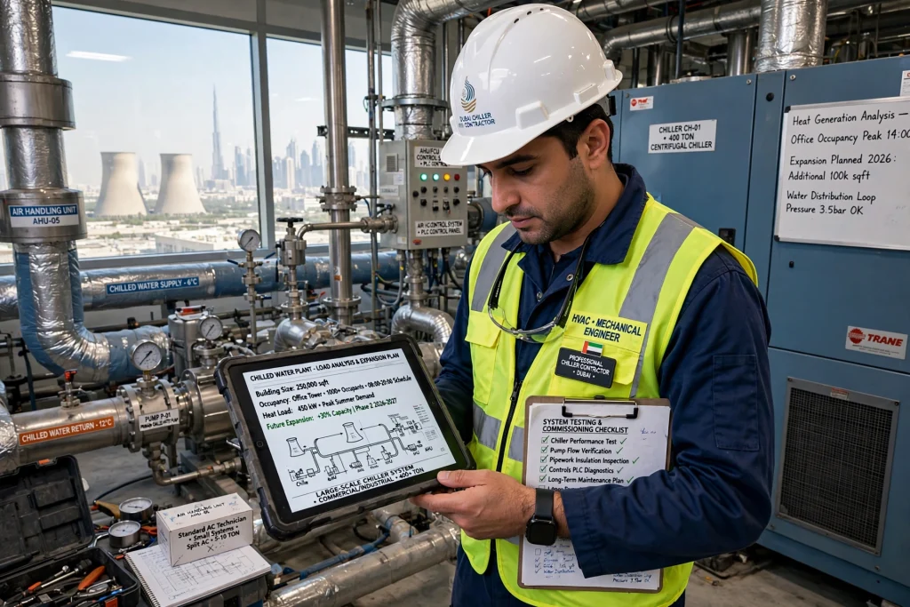 HVAC engineers reviewing chiller plant equipment for large commercial building projects
