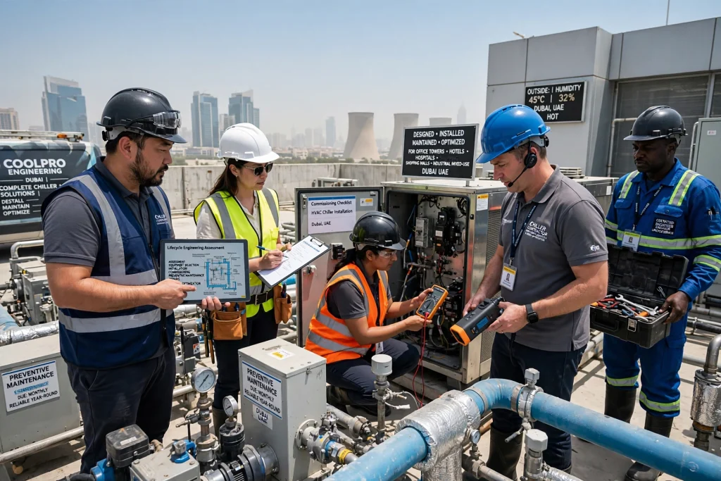 Professional chiller contractor inspecting commercial HVAC chiller system in Dubai