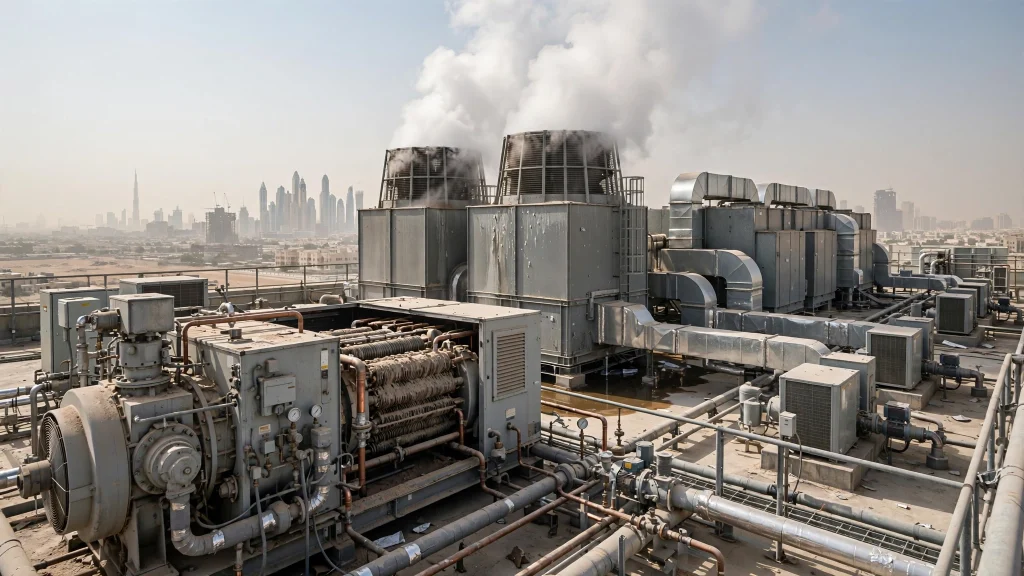 HVAC technician repairing commercial air conditioning system in Dubai