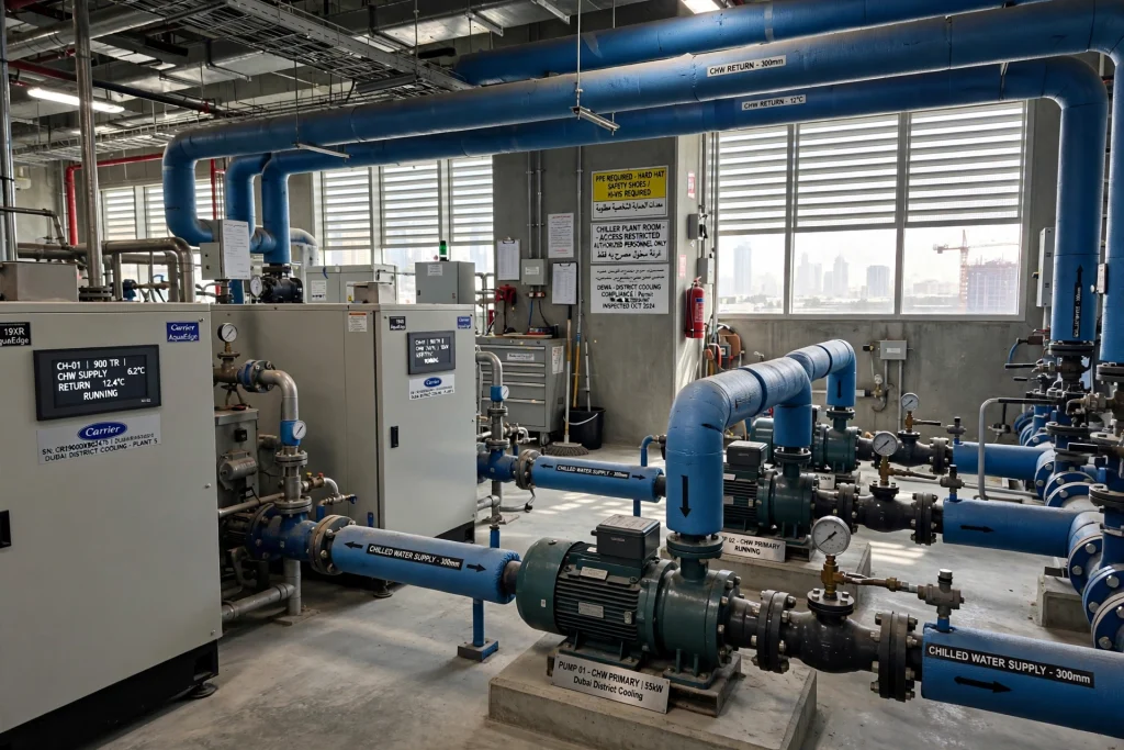 Commercial chiller plant with chilled water piping and pumps inside a mechanical room