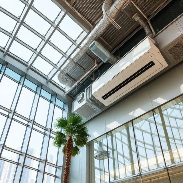 Modern commercial building HVAC system improving indoor air quality through ventilation, air filtration, and climate control technology