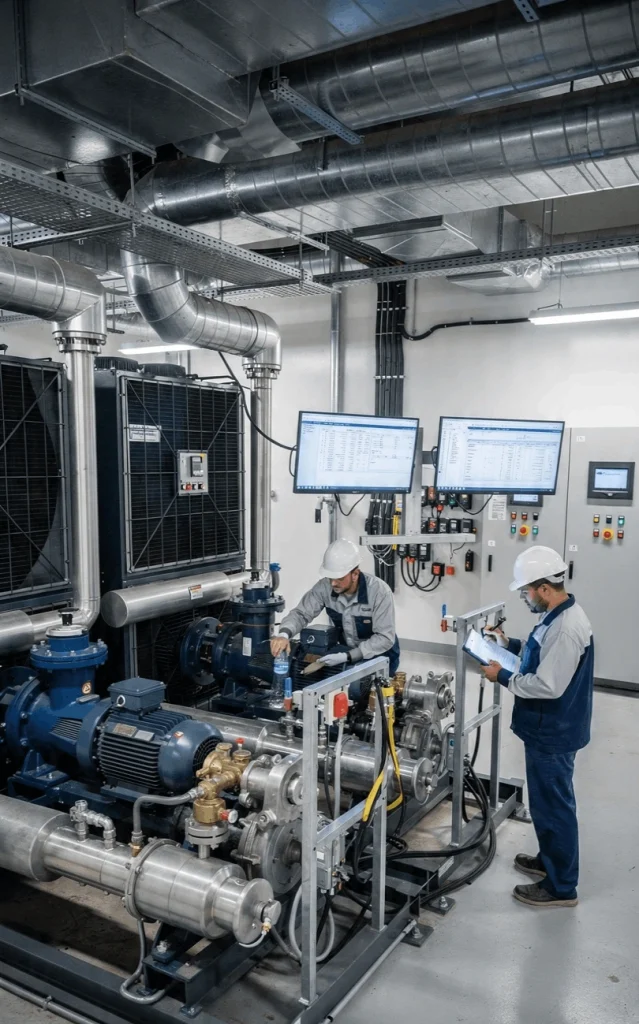 Commercial chiller plant with compressors, pumps, AHUs, and chilled water systems serving Business Bay offices.