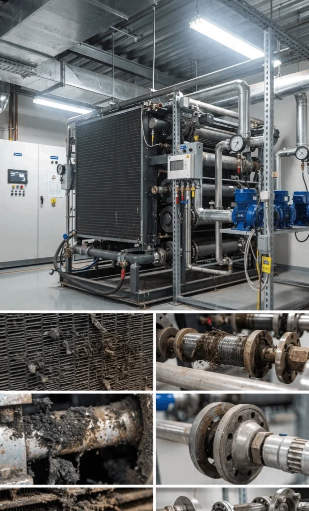 HVAC technicians inspecting centrifugal chillers, evaporators, and condensers during preventive maintenance in the UAE.