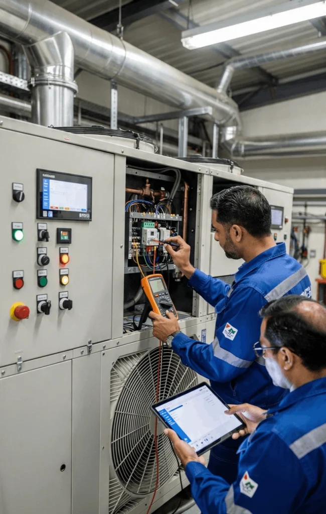 Engineers repairing a commercial chiller system in a high-rise building in Downtown Dubai.