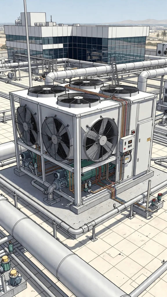 Preventive maintenance of a centrifugal chiller plant with cooling towers and plate heat exchangers in Dubai.