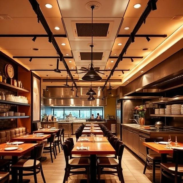 Modern commercial kitchen with professional HVAC ventilation system