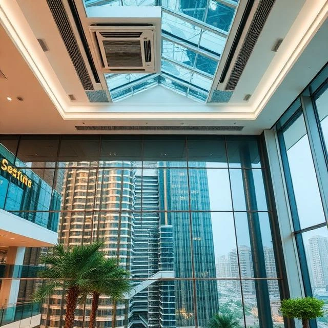 Commercial HVAC equipment providing ventilation, cooling, filtration, and clean airflow for modern office buildings