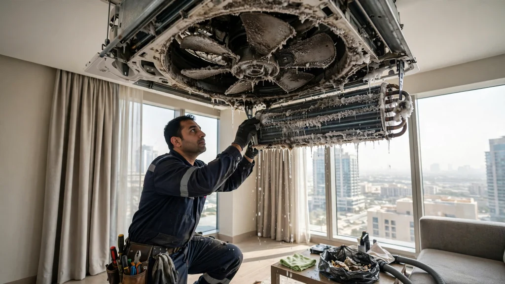 HVAC technician replacing air filters in Dubai office