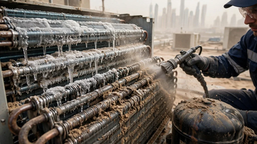 HVAC technician cleaning condenser coils for better cooling efficiency
