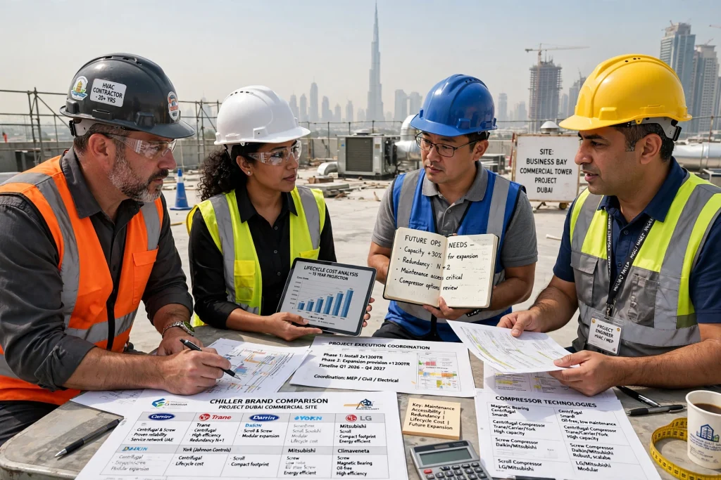 Air-cooled commercial chiller installed on the rooftop of a business tower in Dubai.