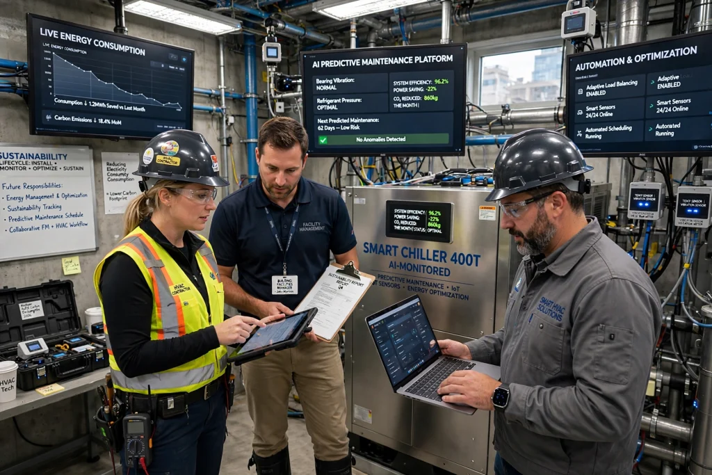 Professional HVAC engineers analyzing cooling tower performance for chiller plant