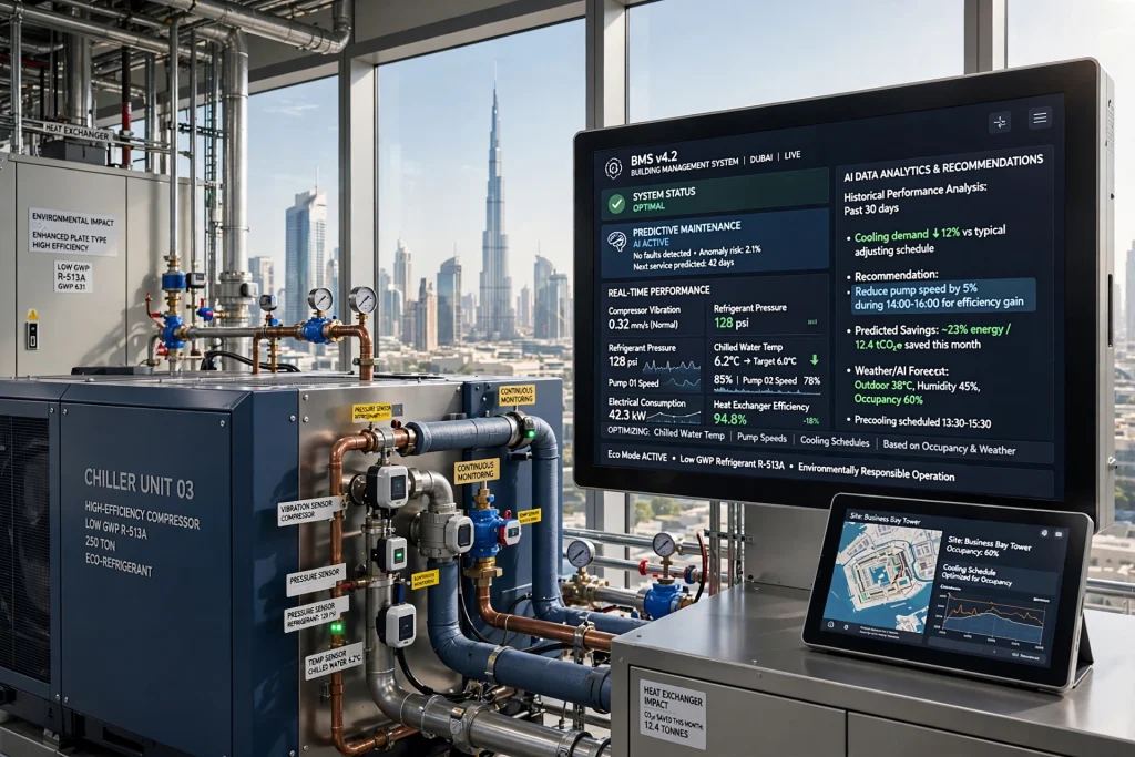 Mechanical plant room containing chillers, pumps, valves, and control systems for a large project.