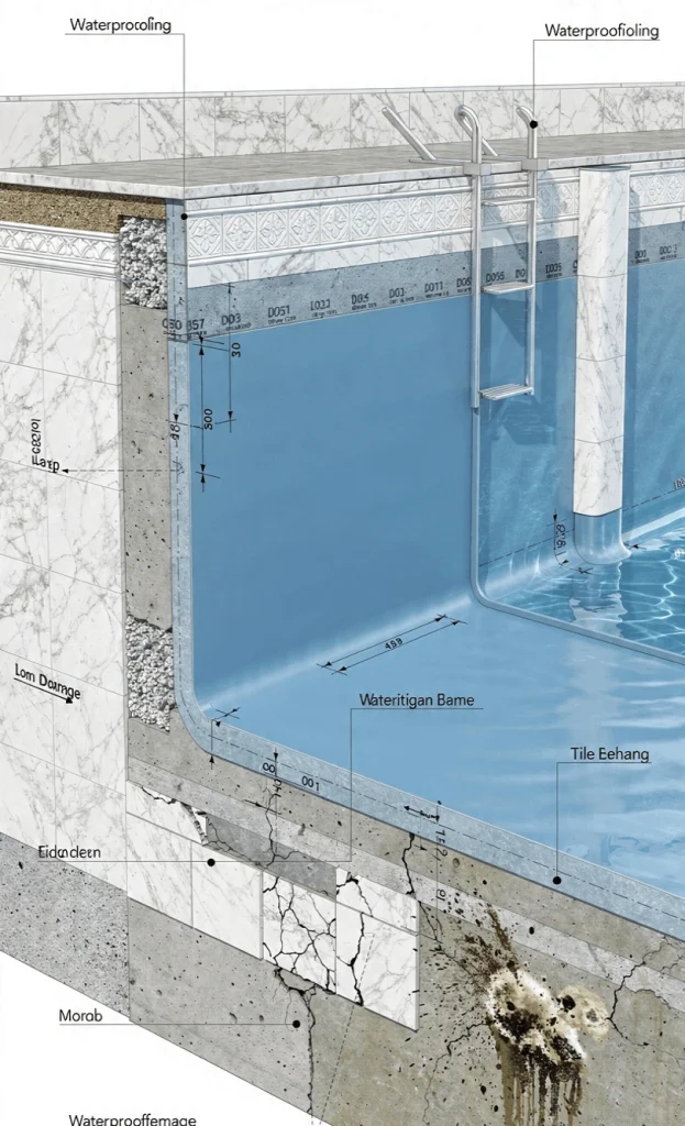 Waterproof coating application on swimming pool surface for long-lasting protection in Dubai villas