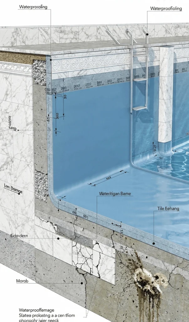 Concrete waterproofing treatment for swimming pool structure in Dubai residential villa