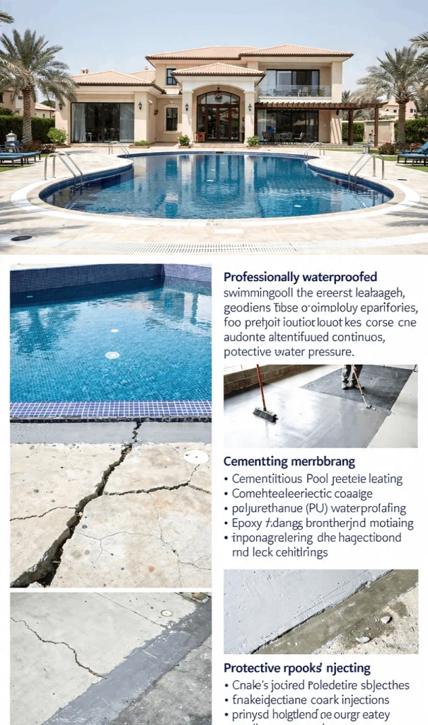 Professional swimming pool waterproofing service in Dubai preventing water leakage and structural damage