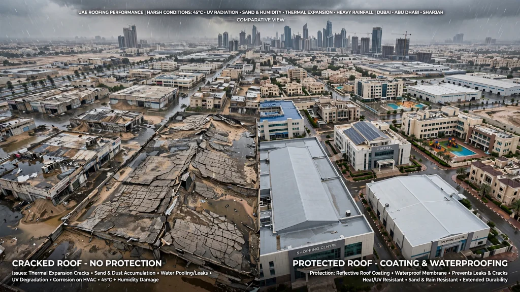 Professional roof waterproofing system applied to a commercial building in Dubai