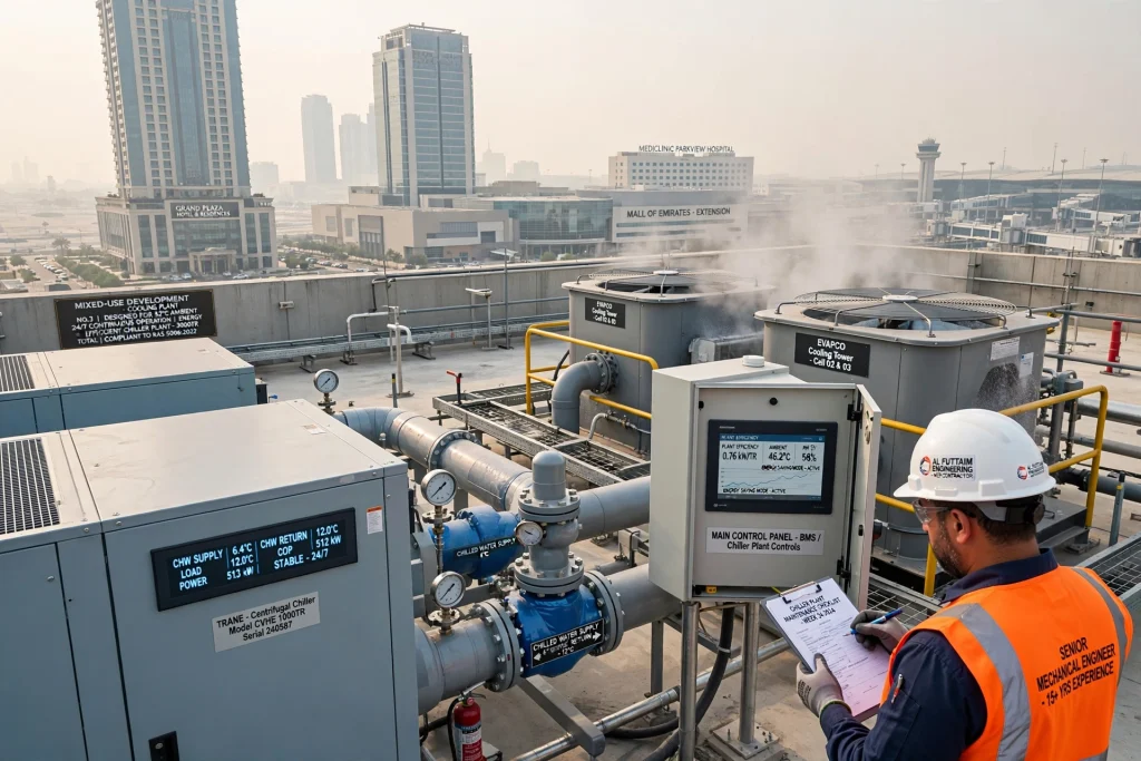 Professional HVAC engineers reviewing commercial chiller plans for a large building project in Dubai.