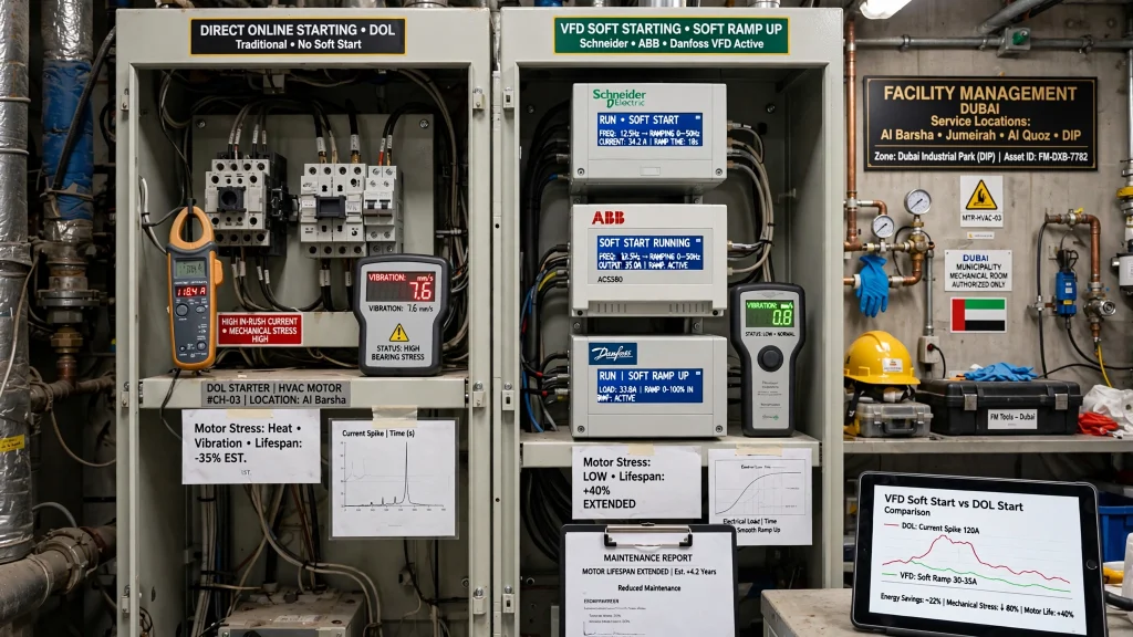 HVAC technician inspecting Variable Frequency Drive control equipment