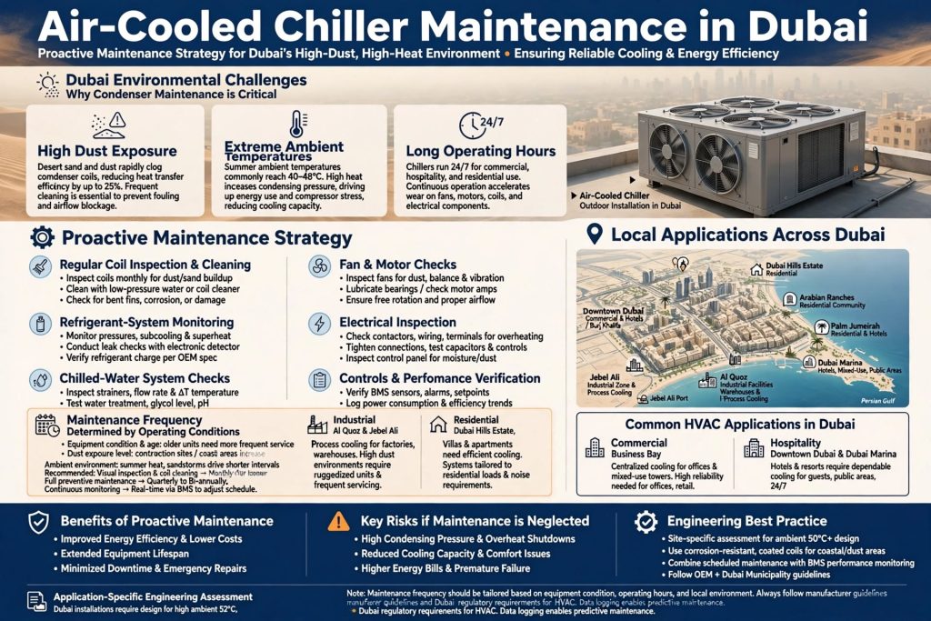 Multiple air-cooled chillers installed at a commercial facility