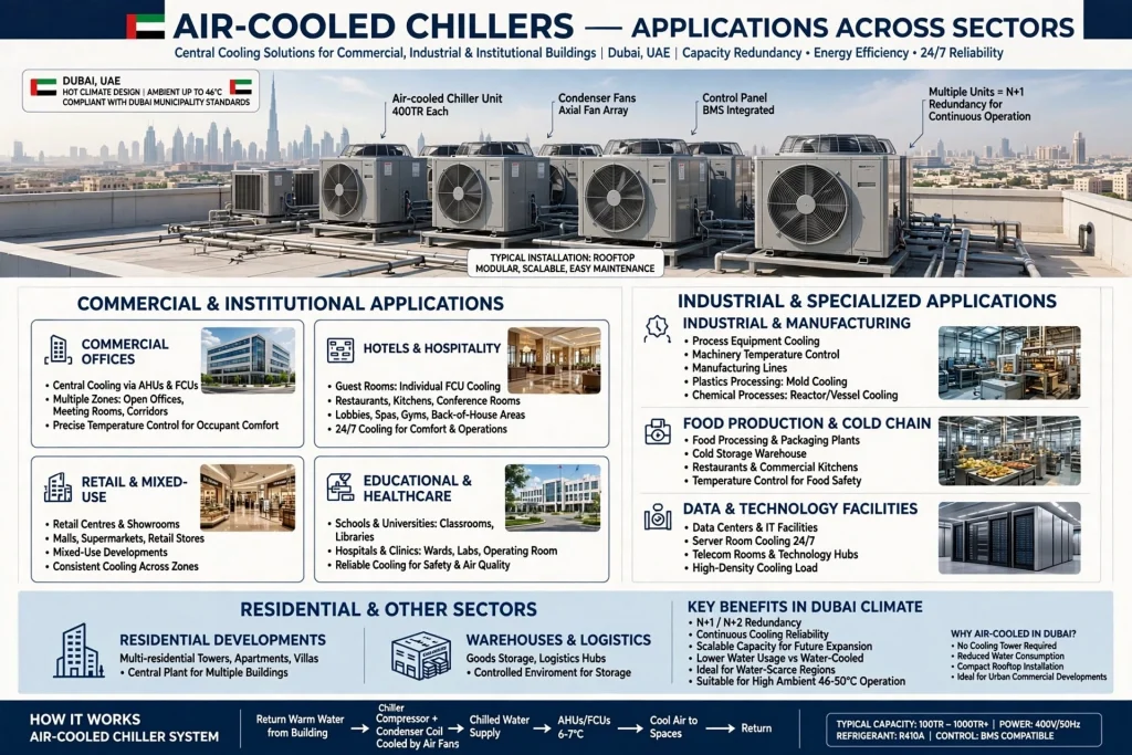 Air-cooled condenser coils and fans on an HVAC chiller