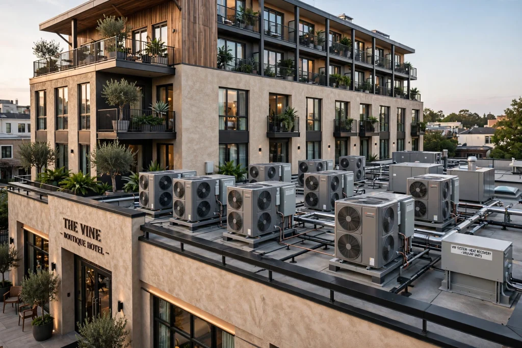 Central chiller system with cooling towers for large hospitality buildings