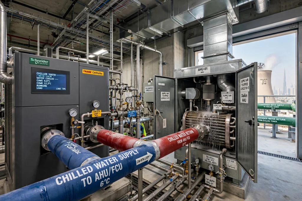 technician inspecting a commercial chiller plant for cooling performance