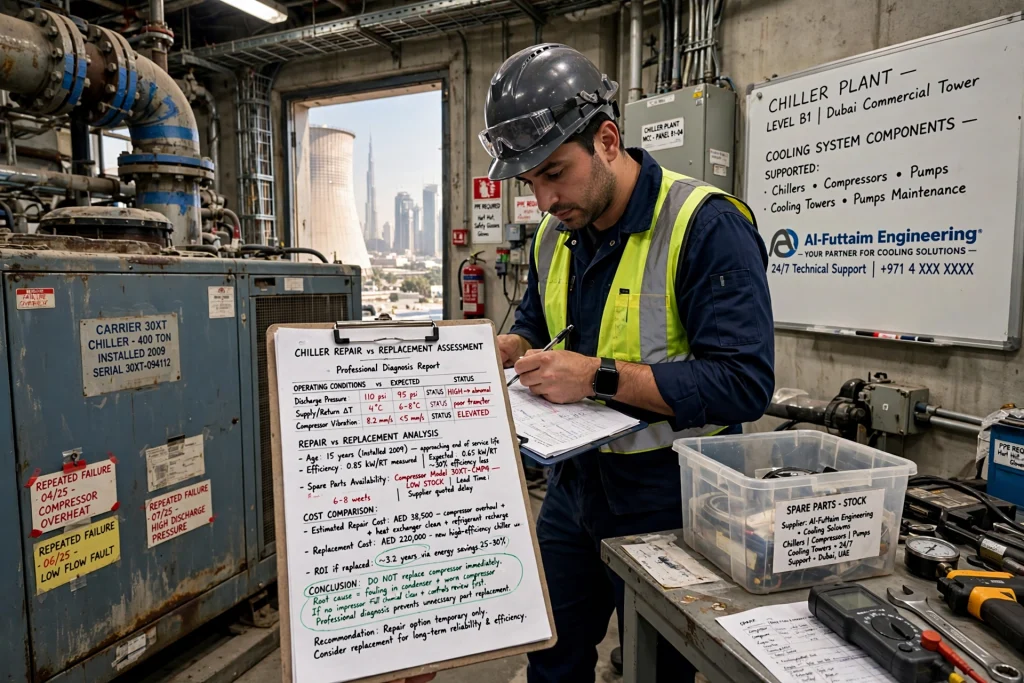 professional technician troubleshooting a chiller plant in Dubai Marina