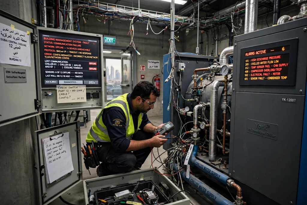 technician testing electrical controls and components on a commercial chiller