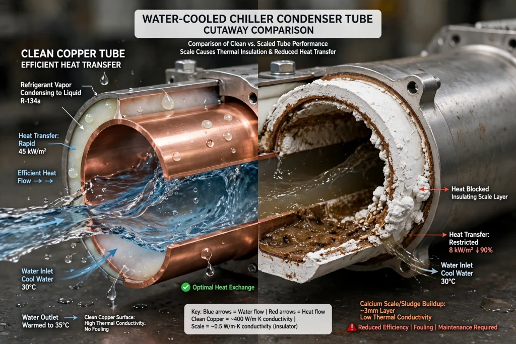 Chiller condenser tubes with scale buildup