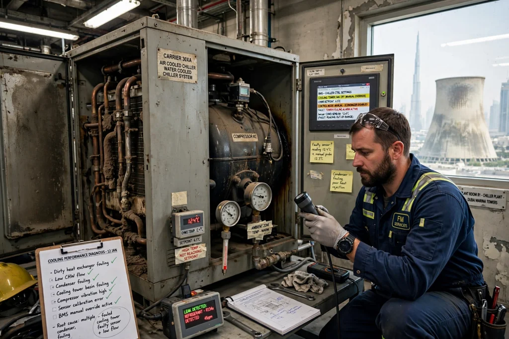HVAC technician inspecting a commercial chiller for mechanical faults