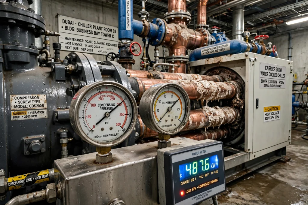 Scale deposits inside water cooled chiller condenser tubes